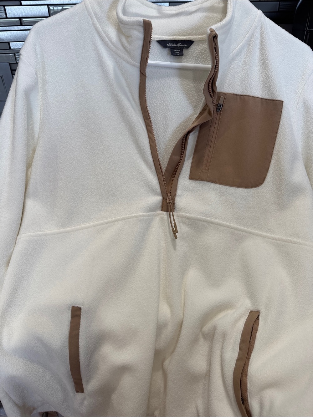 Eddie Bauer Cream Quarter-Zip Fleece with Brown Trim